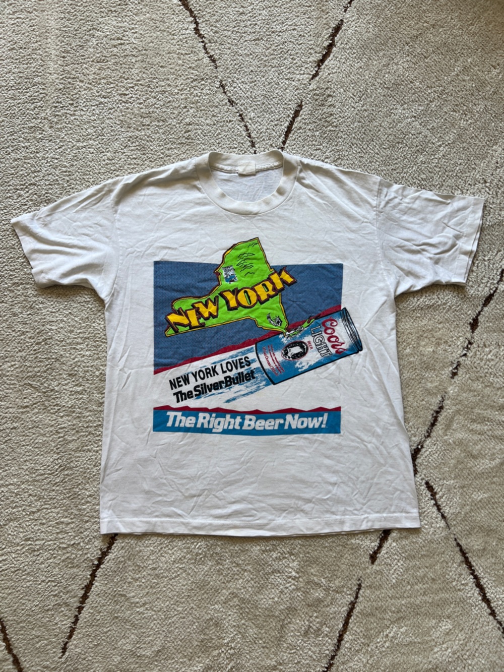 Vintage 80s Coors Light New York Graphic Tee - White with Blue & Green Print